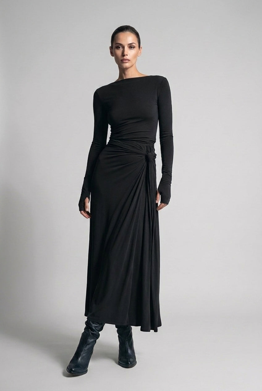 Boat Neck Long Sleeve Twist Front Maxi Occasion Dress