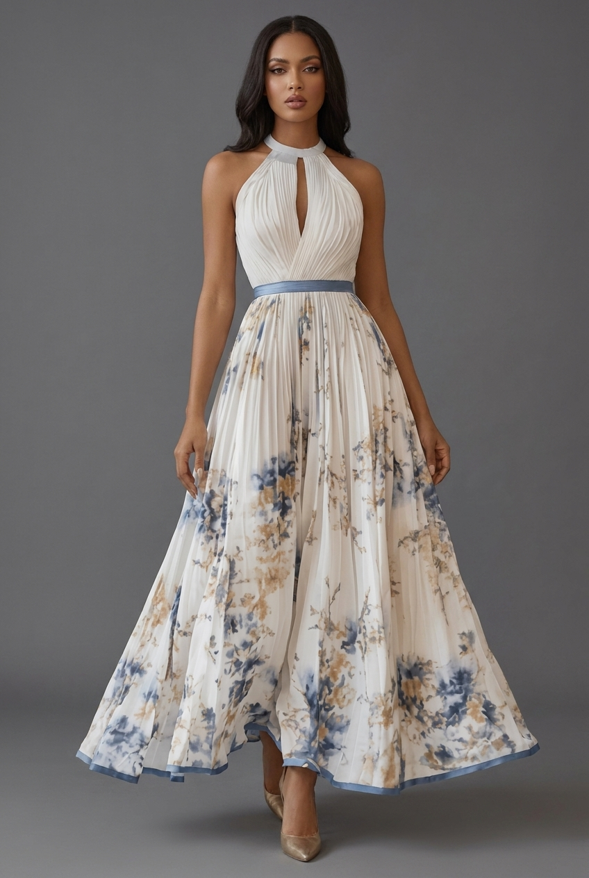 Halterneck Pleated Floral Maxi Wedding Guest Dress
