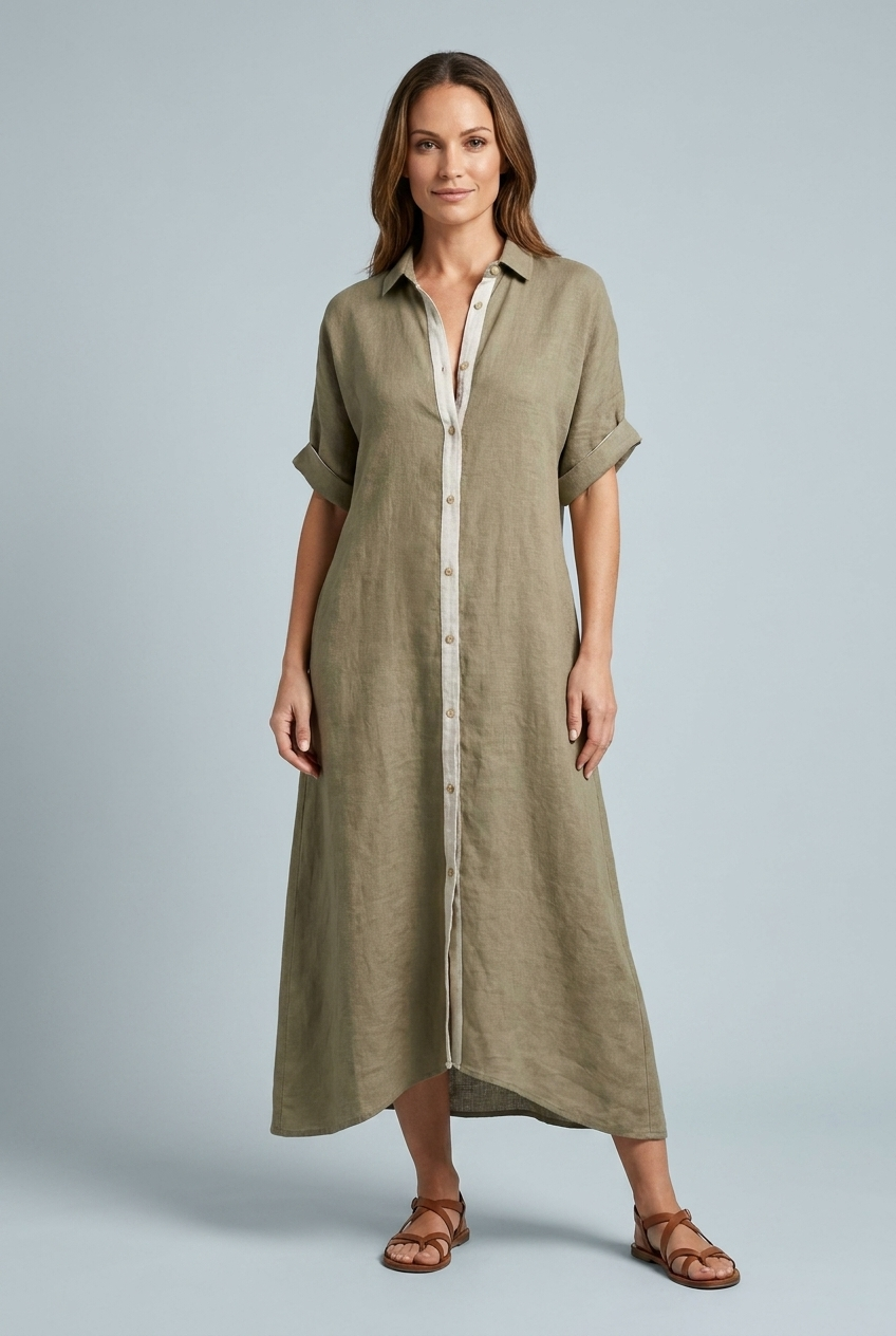 Linen Style Maxi Dress Collared Button Down Short Sleeve Oversized Shirt
