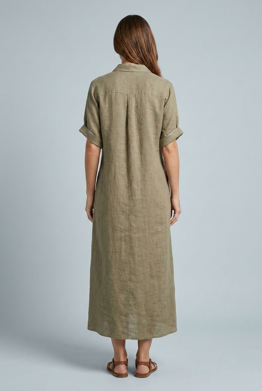 Linen Style Maxi Dress Collared Button Down Short Sleeve Oversized Shirt