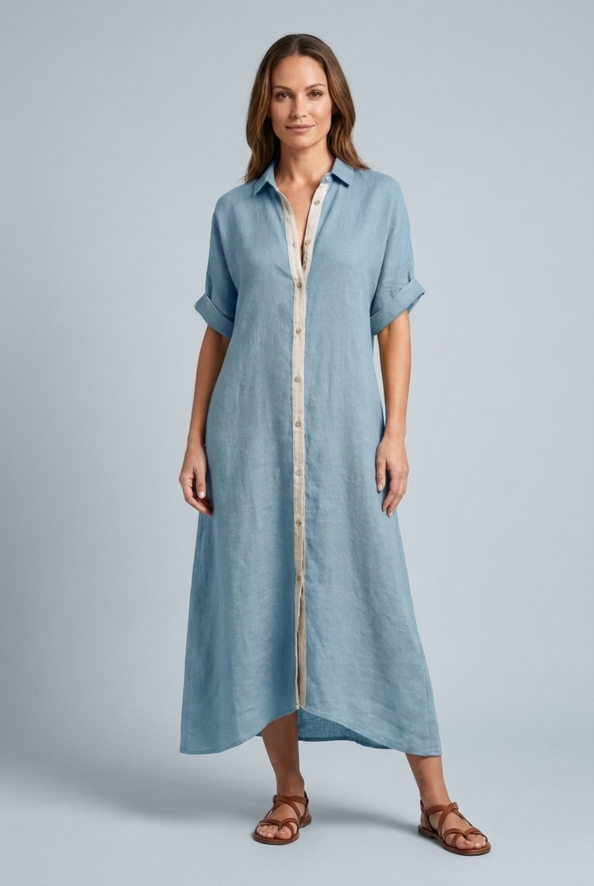 Linen Style Maxi Dress Collared Button Down Short Sleeve Oversized Shirt