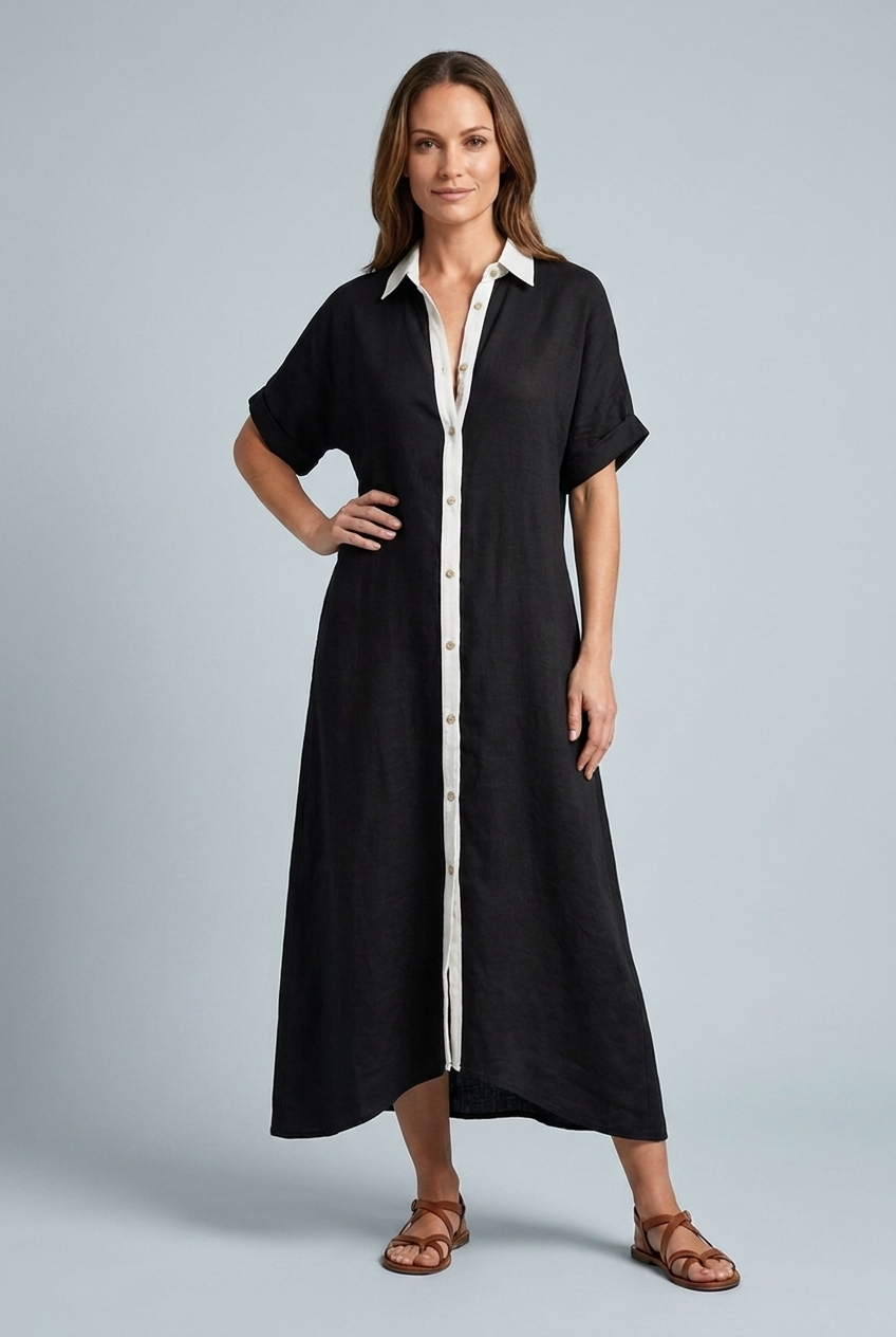 Linen Style Maxi Dress Collared Button Down Short Sleeve Oversized Shirt