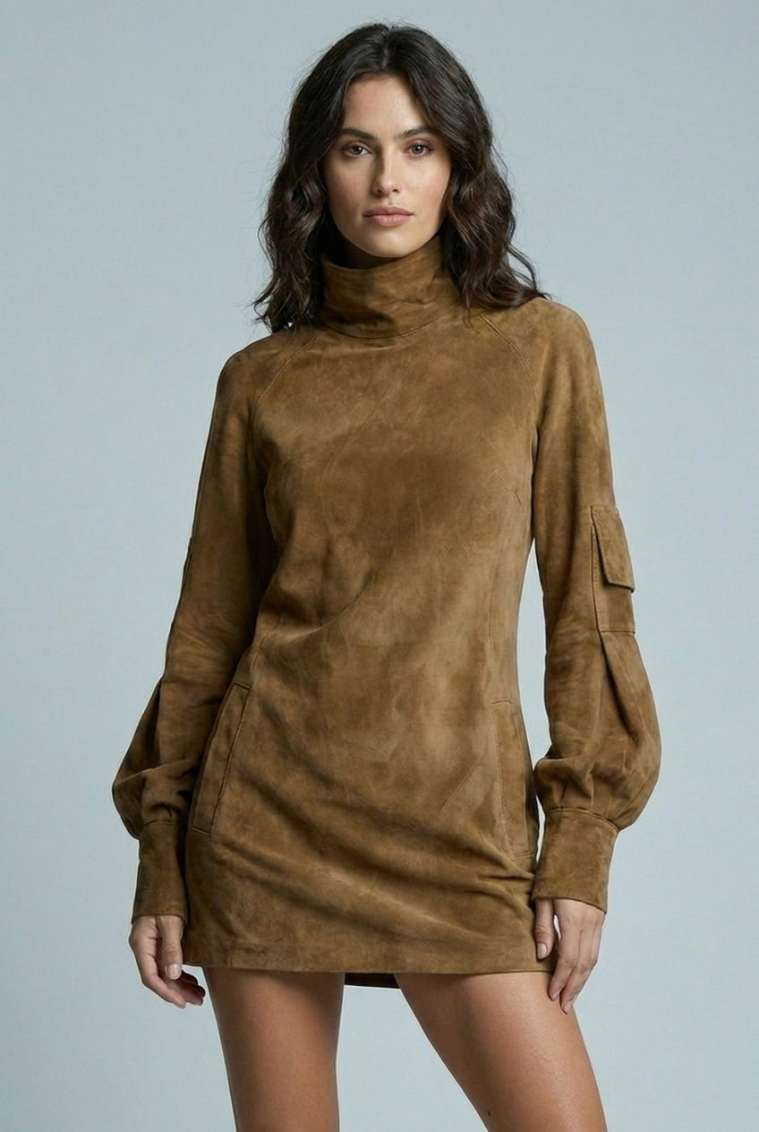 Cargo Mini Dress High Neck Balloon Sleeve