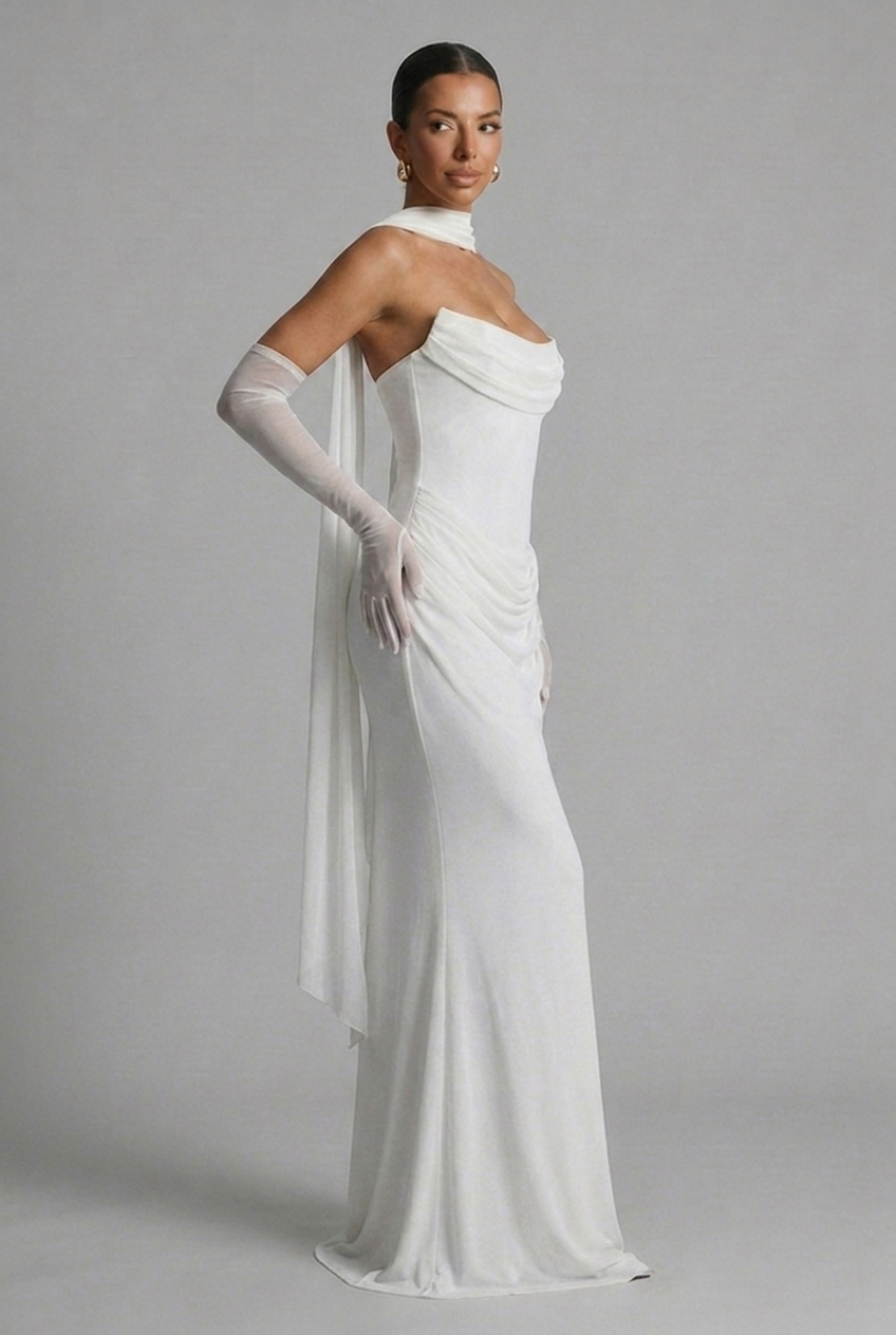Strapless Cowl Neck Draped Column Maxi Wedding Guest Dress