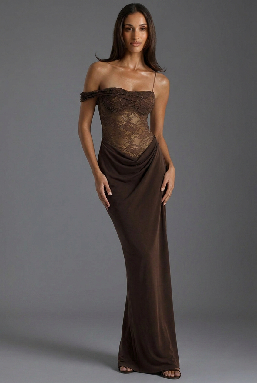 Off Shoulder Lace Corset Draped Column Maxi Dress