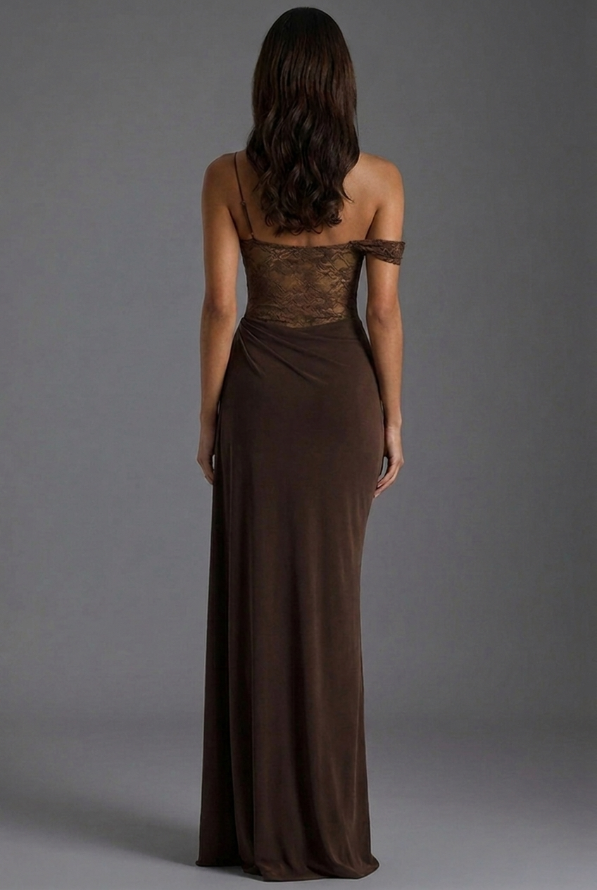 Off Shoulder Lace Corset Draped Column Maxi Dress