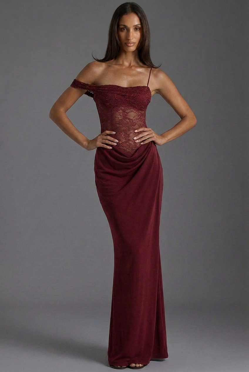Off Shoulder Lace Corset Draped Column Maxi Dress