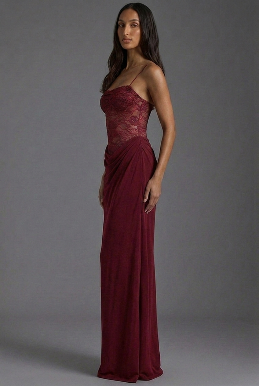 Off Shoulder Lace Corset Draped Column Maxi Dress