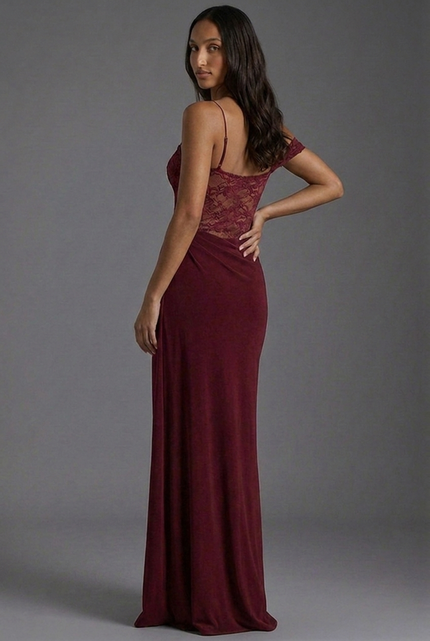 Off Shoulder Lace Corset Draped Column Maxi Dress