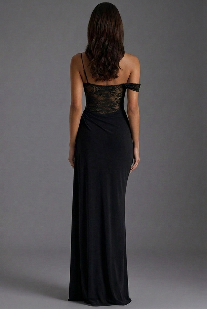 Off Shoulder Lace Corset Draped Column Maxi Dress