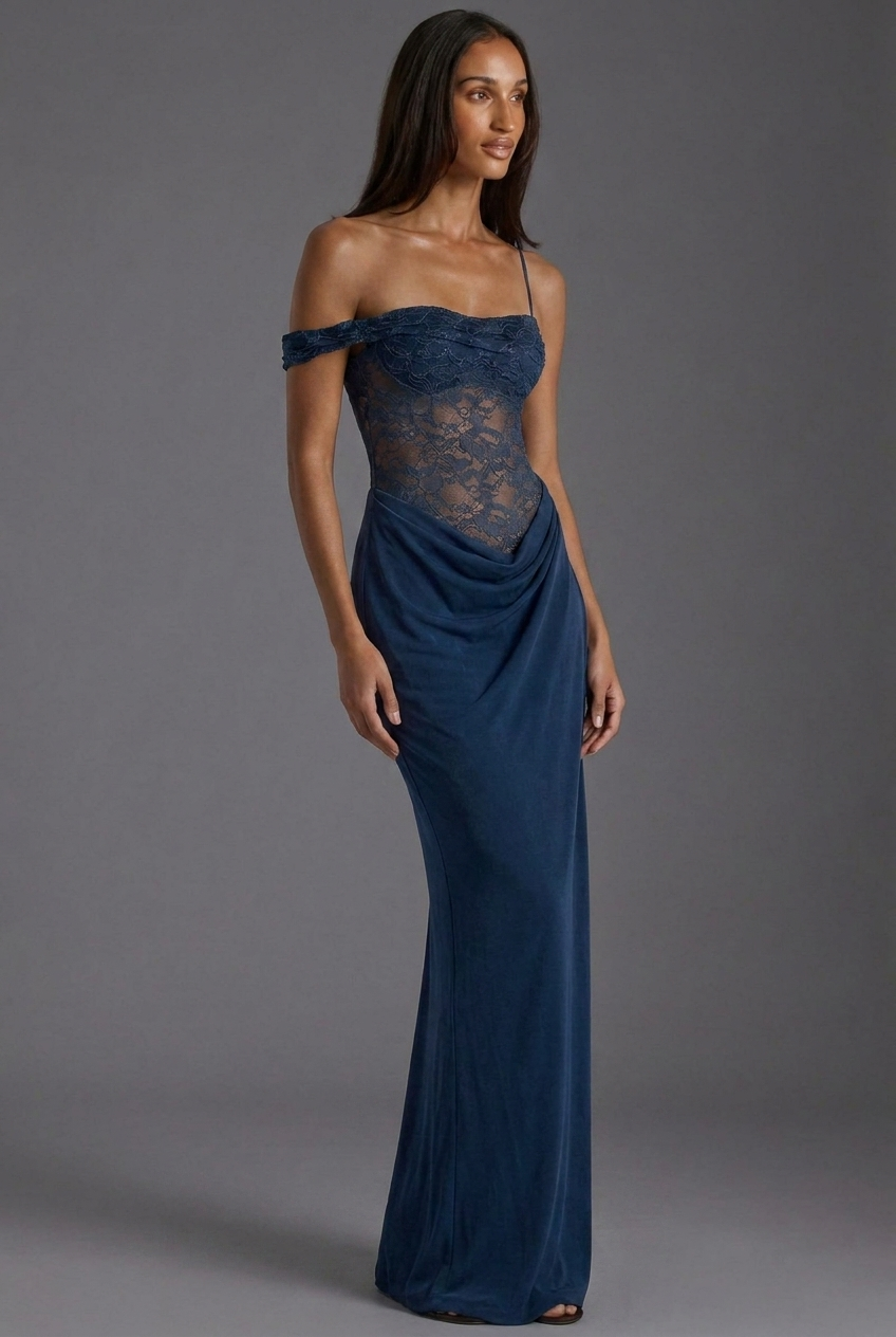 Off Shoulder Lace Corset Draped Column Maxi Dress