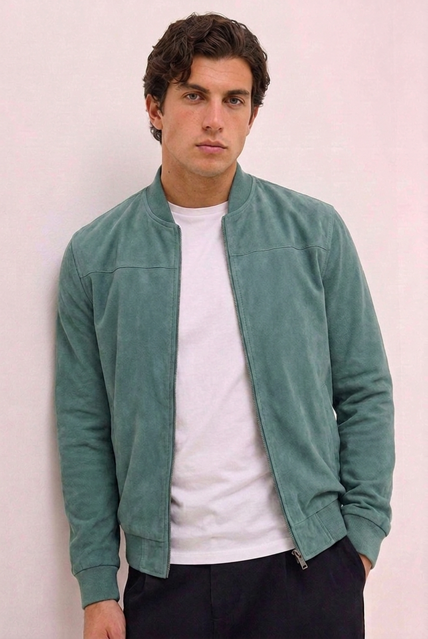 Suede Style Zip Front Ribbed Bomber Jacket Men