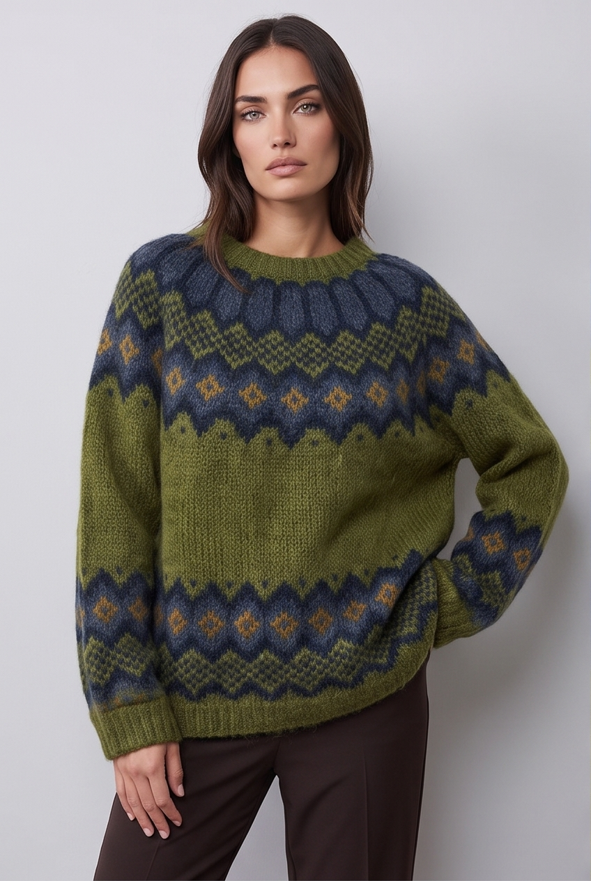 Model wearing the ribbed knit crew neck jumper, full body