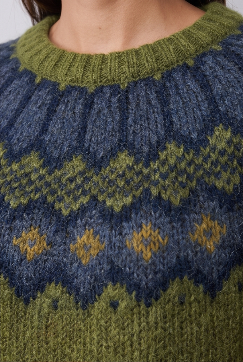 Close-up of the ribbed knit crew neck jumper fabric and neckline