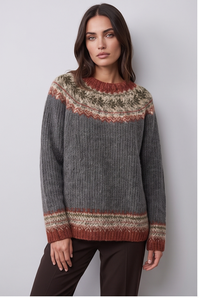 Model wearing the ribbed knit crew neck jumper, colourway 6, front view slightly turned