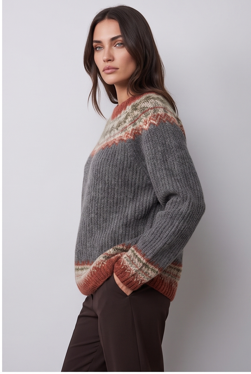 Model wearing the ribbed knit crew neck jumper, colourway 6, side profile view