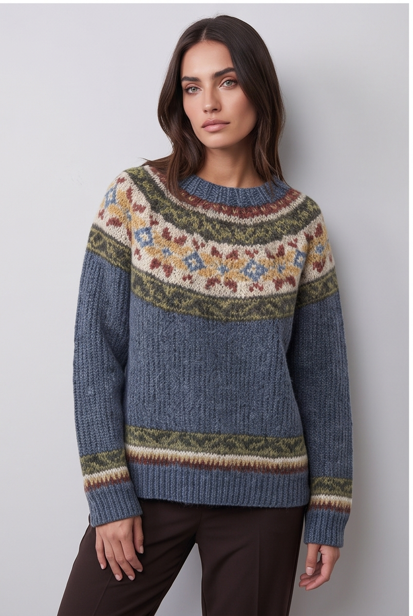 Model wearing the ribbed knit crew neck jumper, colourway 3, front view slightly turned