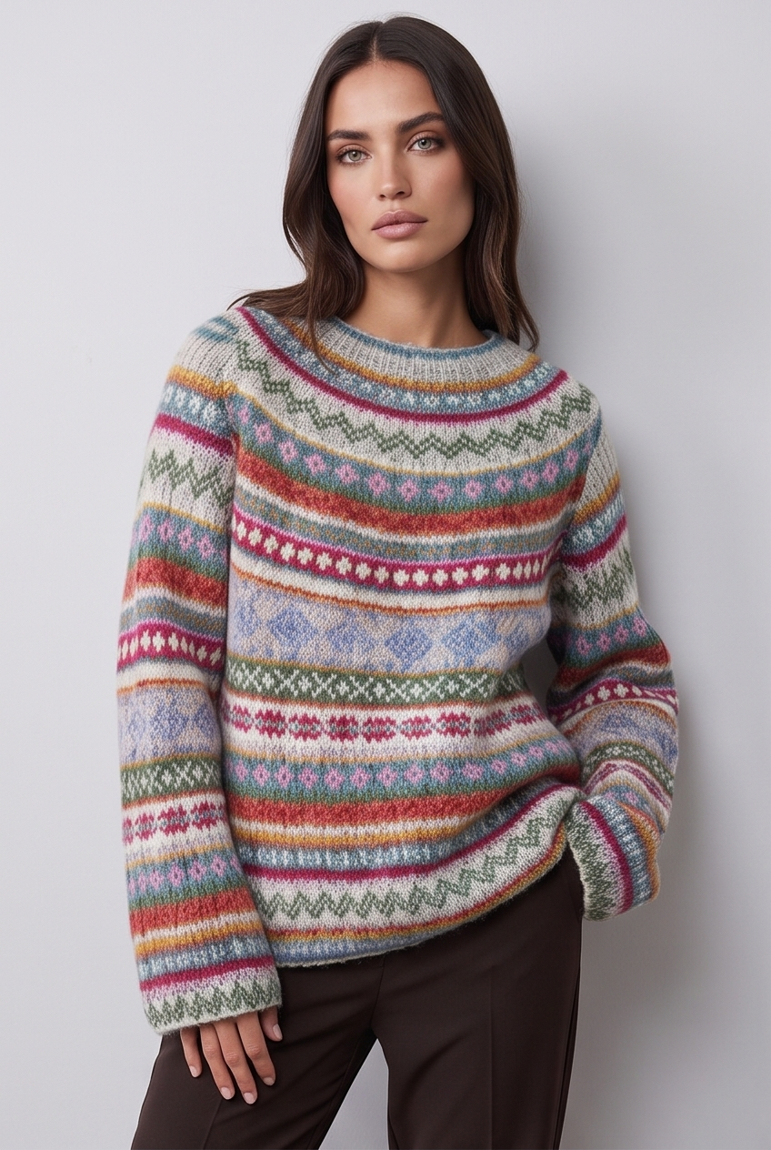 Model wearing the ribbed knit crew neck jumper, colourway 4, front view slightly turned