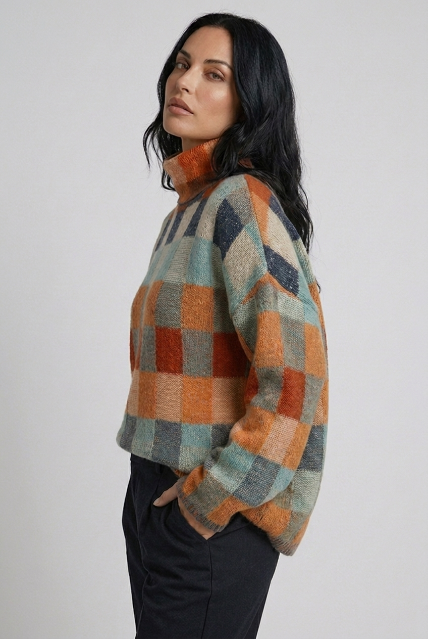 Checkered High Neck Relaxed Oversized Knit Jumper