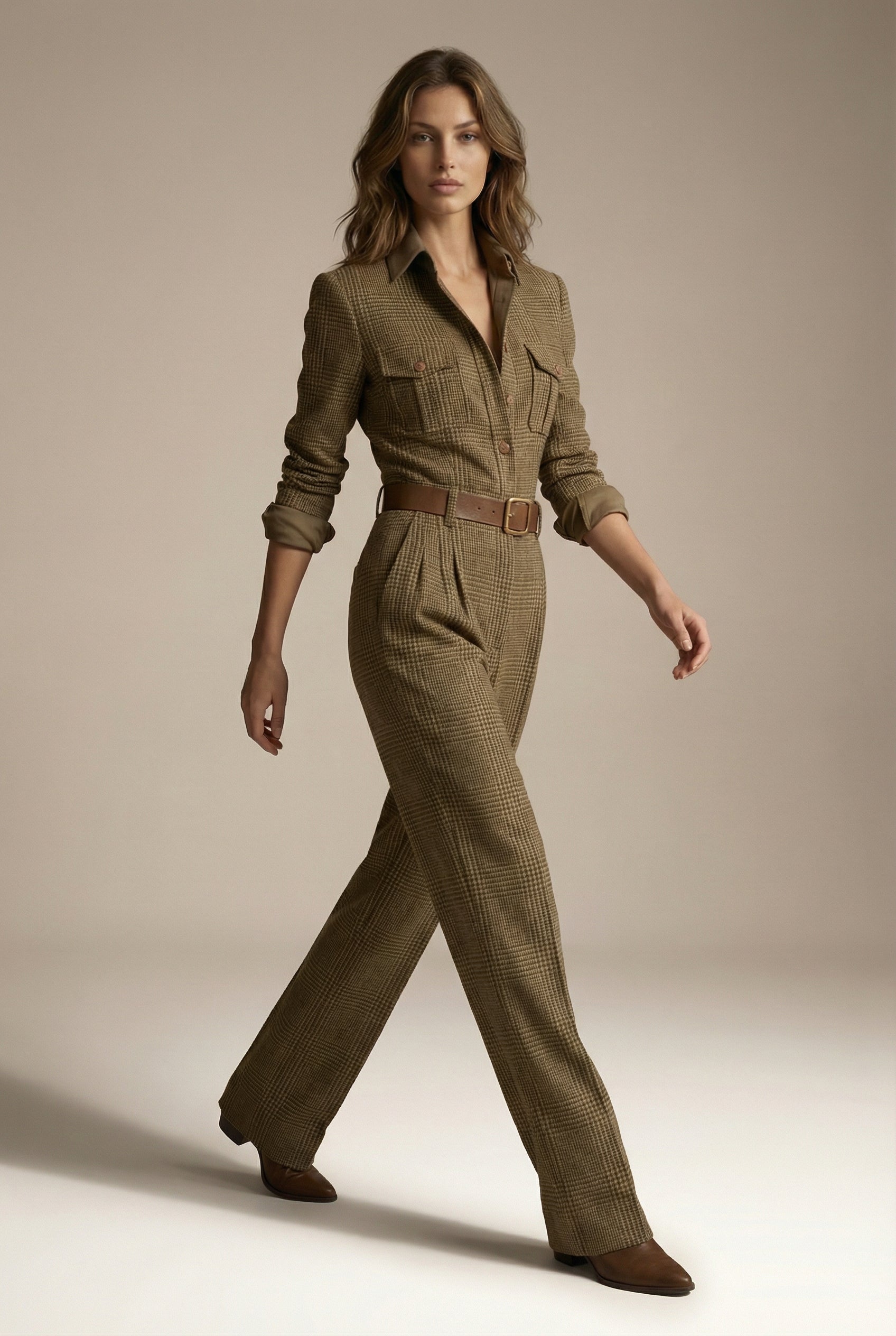 Women’s Brown Tweed Check Wide-Leg Utility Jumpsuit - Business Wear