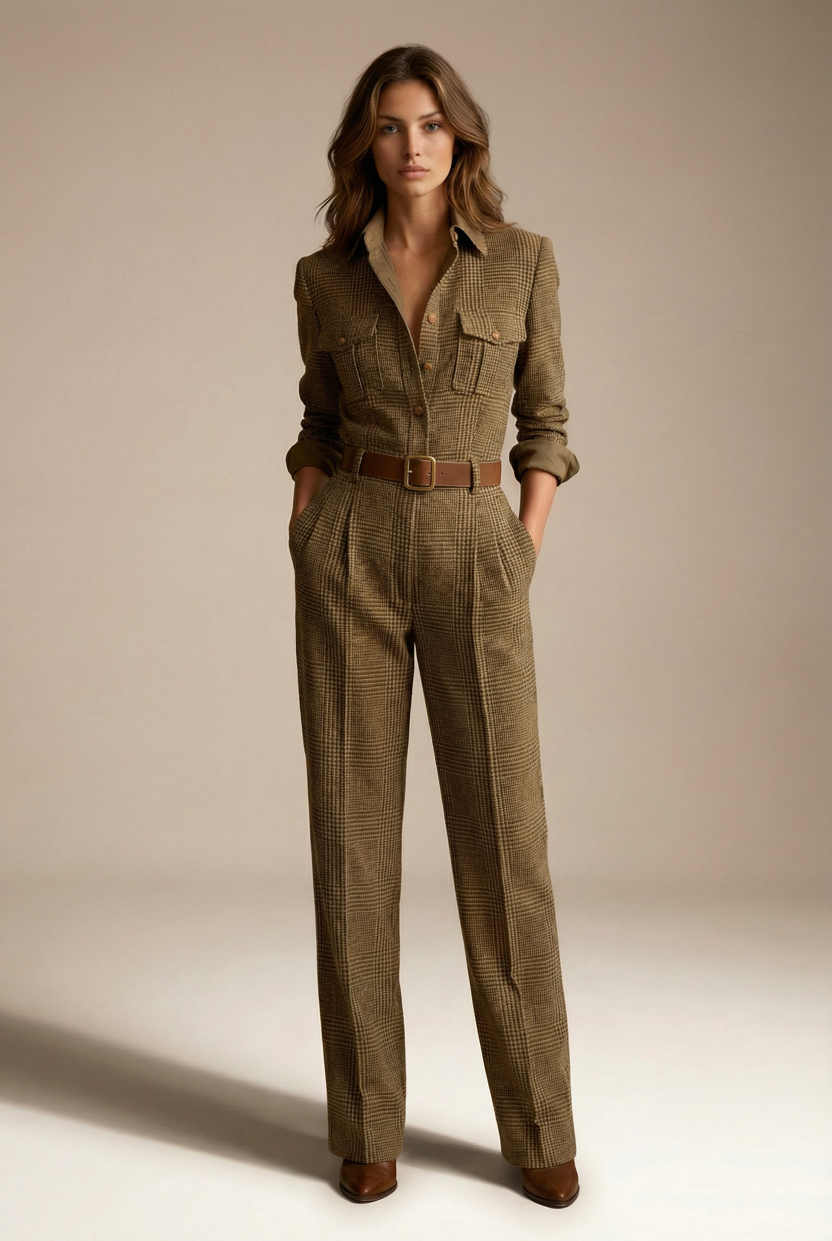 Women’s Brown Tweed Check Wide-Leg Utility Jumpsuit - Business Wear