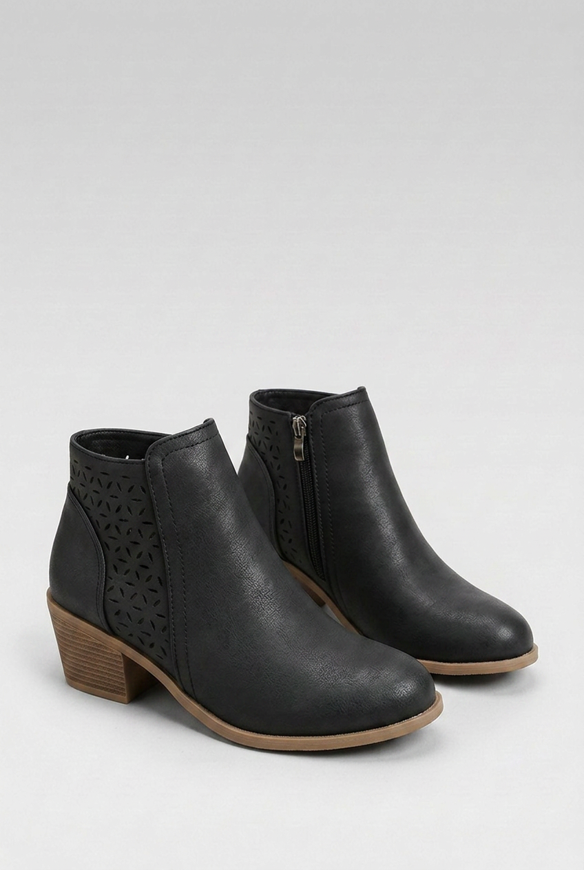 Perforated Zip Side Block Heel Ankle Boots Women