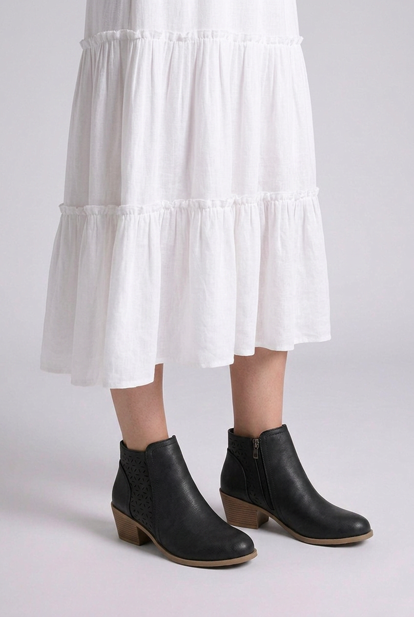 Perforated Zip Side Block Heel Ankle Boots Women