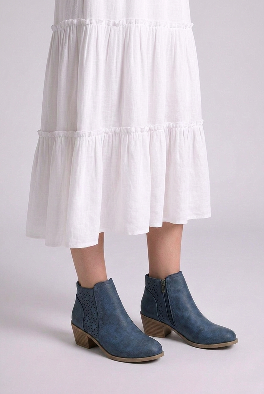 Perforated Zip Side Block Heel Ankle Boots Women