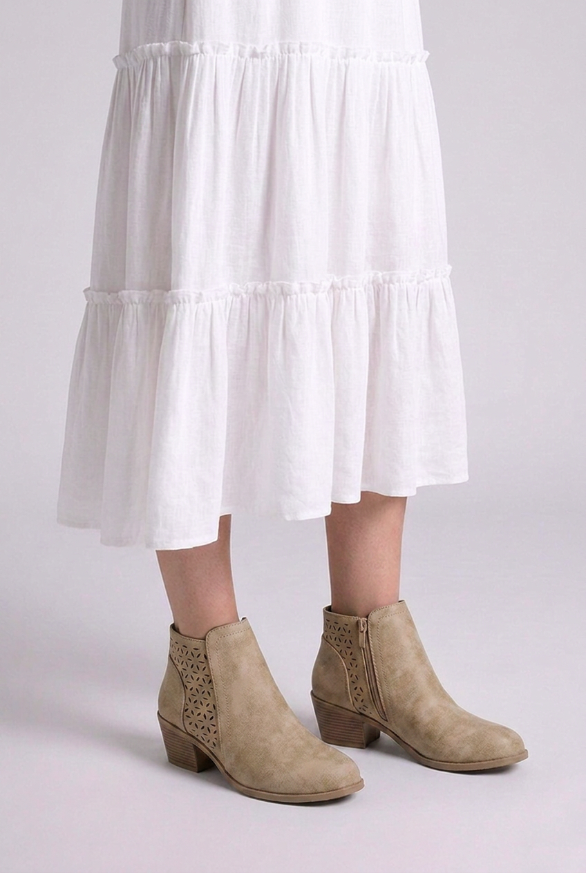 Perforated Zip Side Block Heel Ankle Boots Women