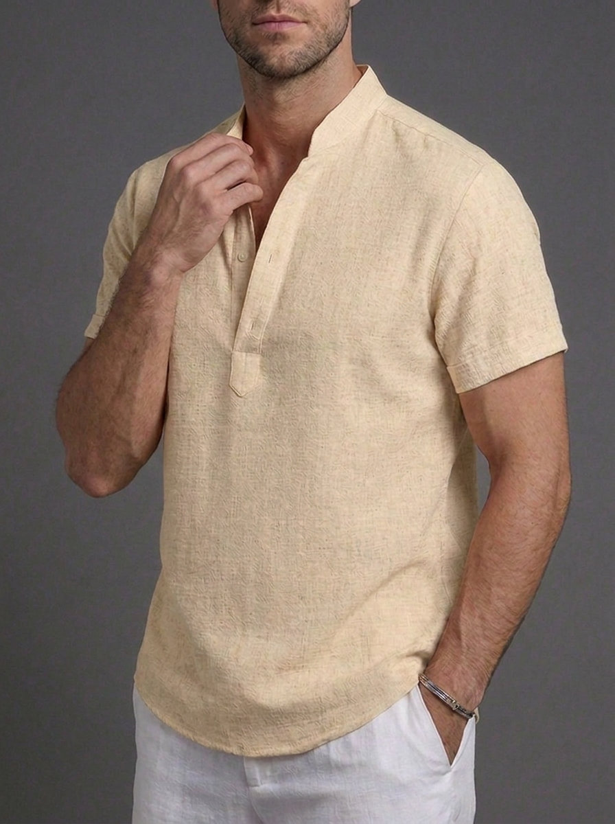 Linen Style Short Sleeve Henley Summer Shirt Men