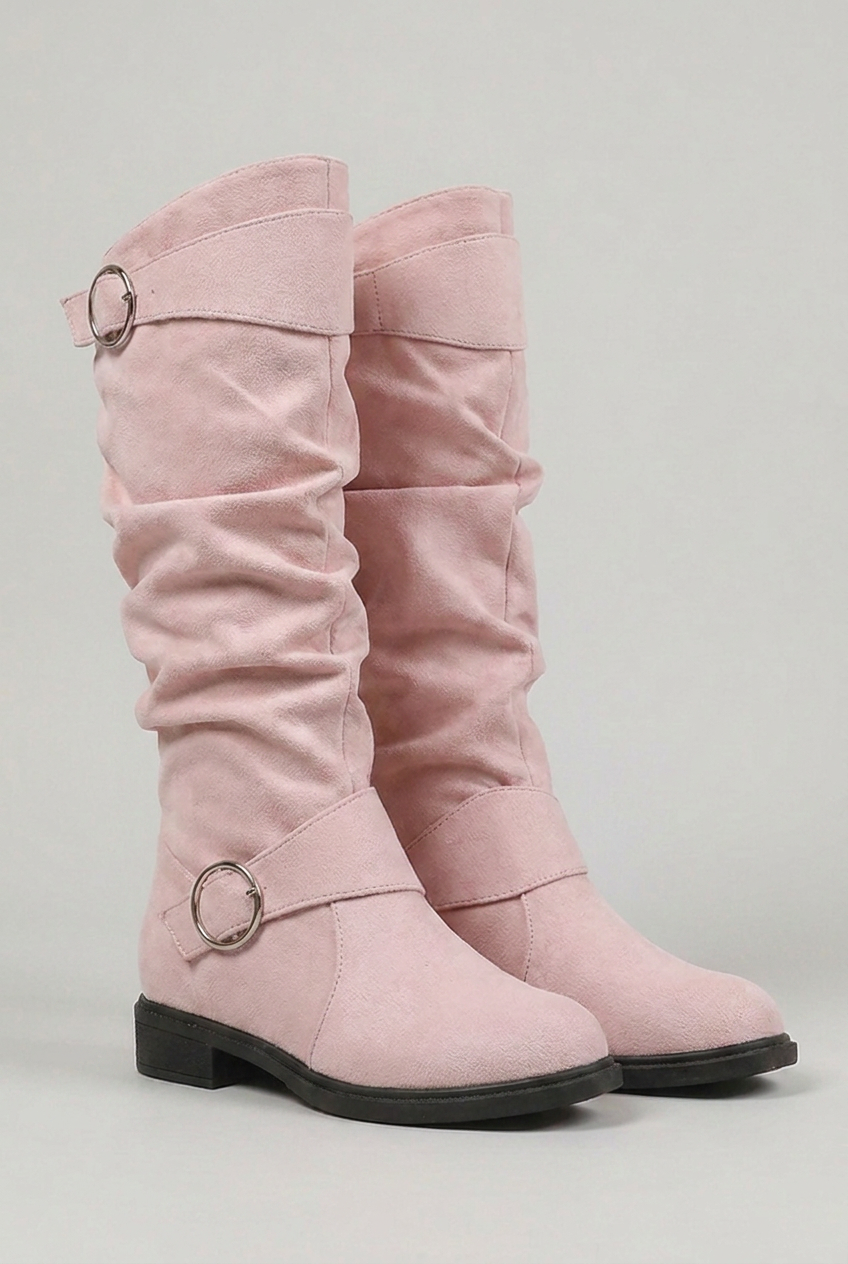 Slouchy Buckle Block Heel Knee High Boots Women