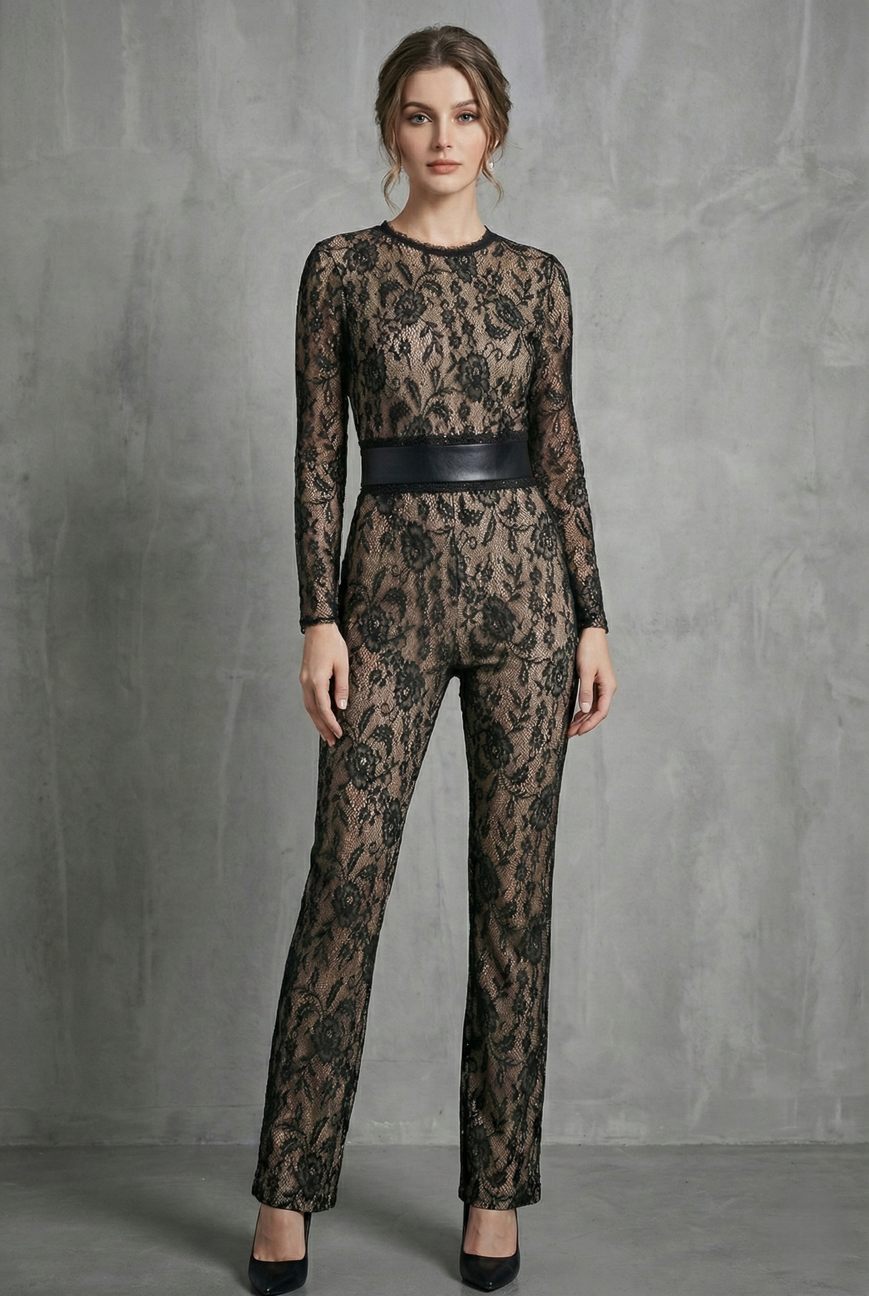 Women’s Black Long Sleeve Lace Wide Leg Jumpsuit