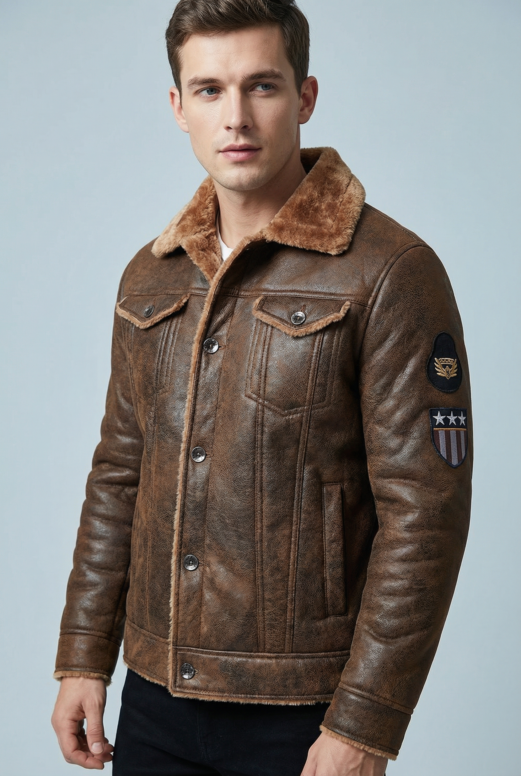 Men’s Faux Leather Jacket with Shearling Lining