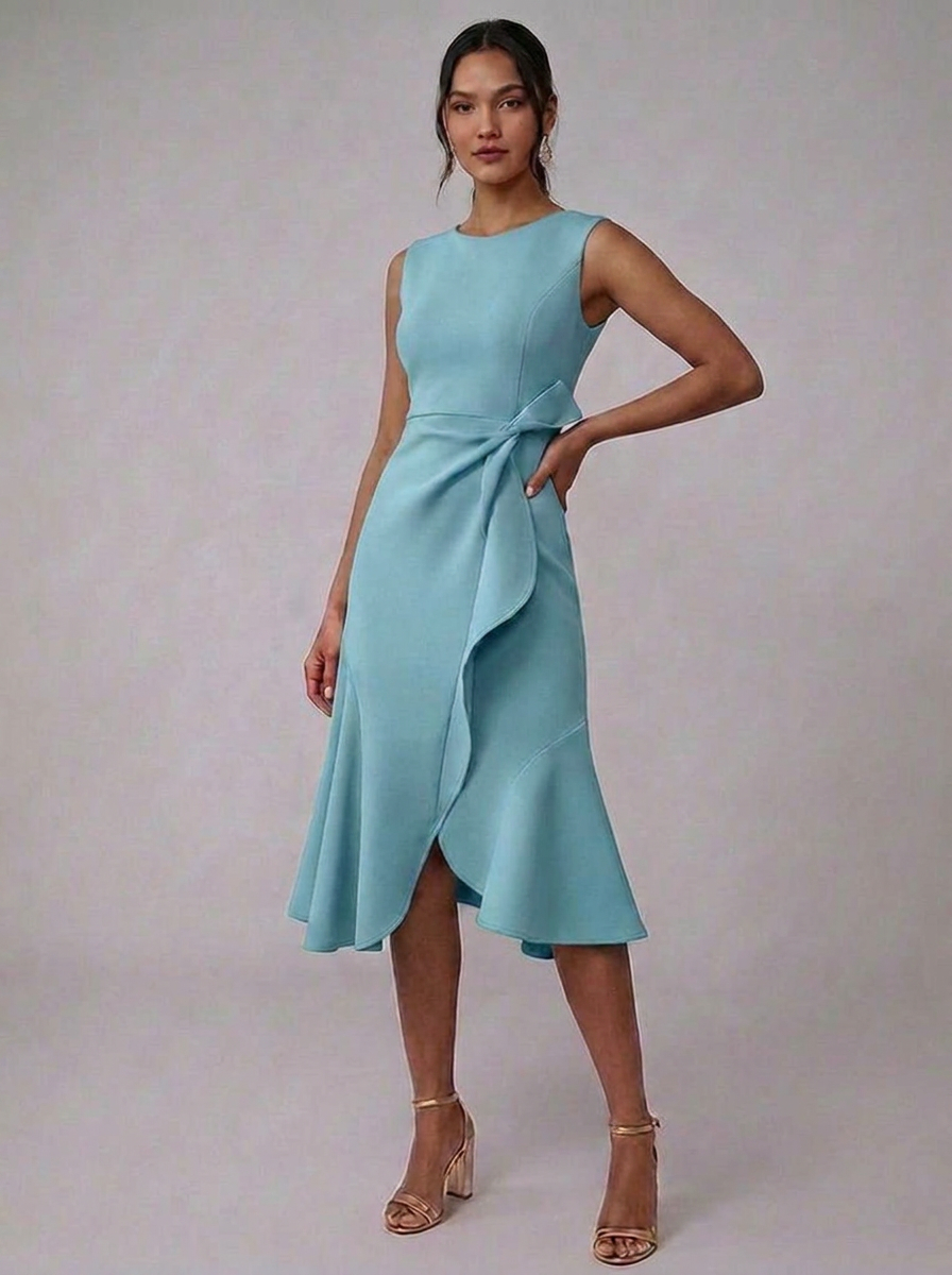 Summer Midi Occasion Dress – Sleeveless Ruffle Front Tie-Waist Holiday Wear