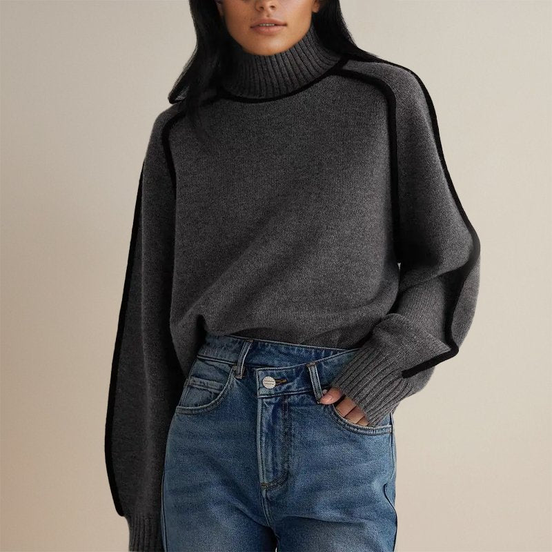 Women's Minimalist Turtleneck Knit Sweater with Contrast Trim