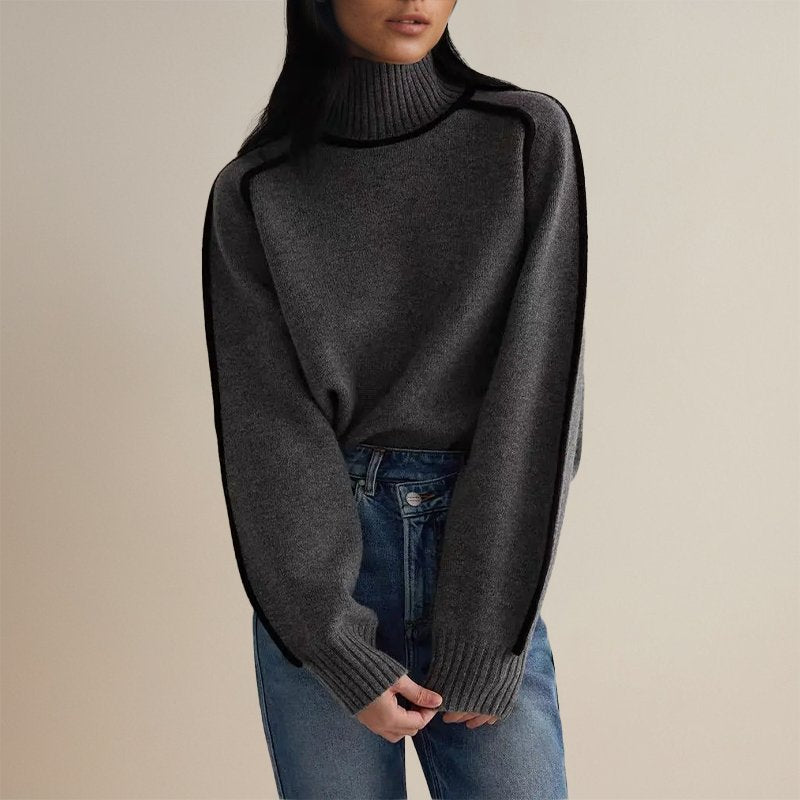 Women's Minimalist Turtleneck Knit Sweater with Contrast Trim