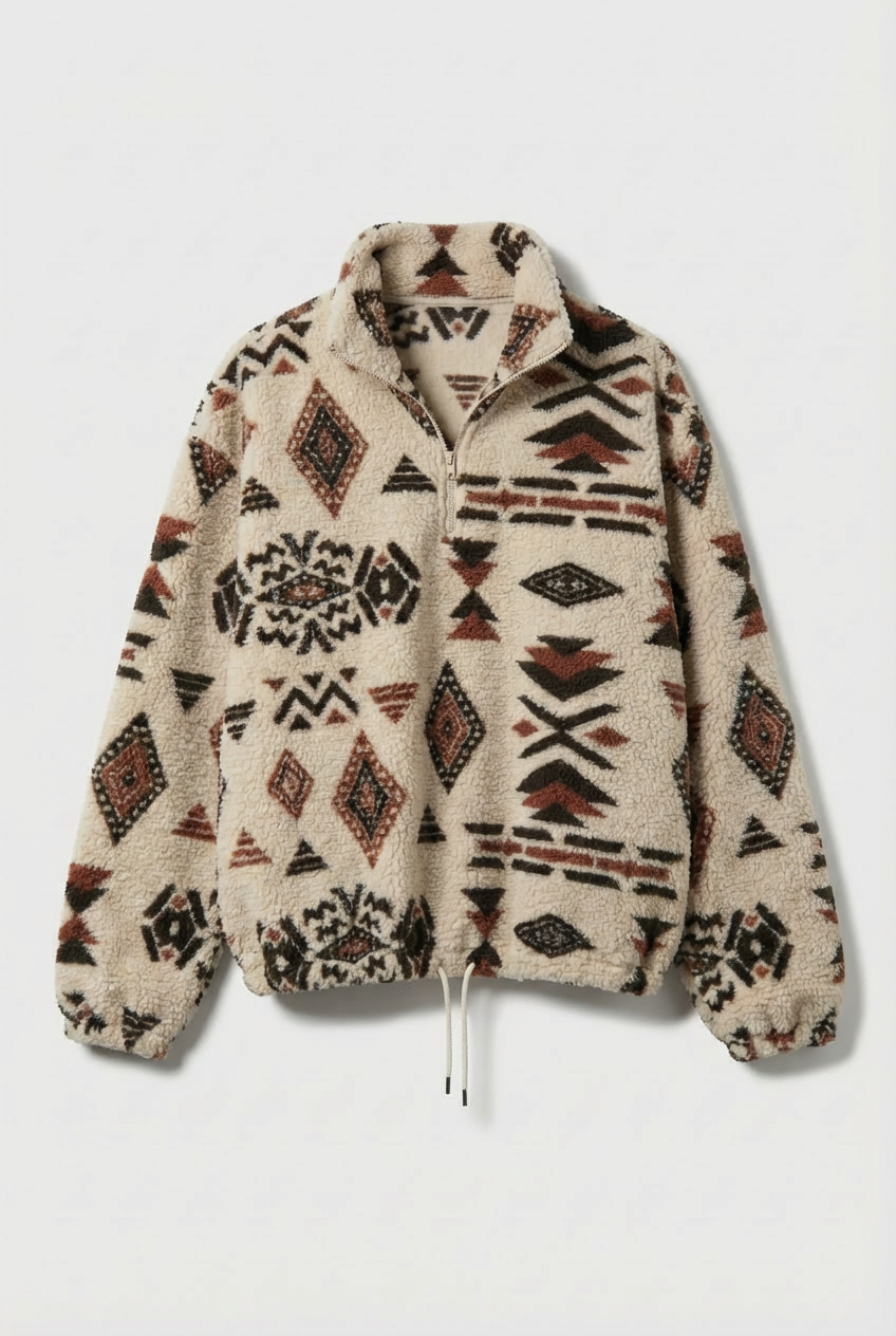 Women’s Cosy Fleece Zip-Up Sweatshirt – Geometric Winter Print