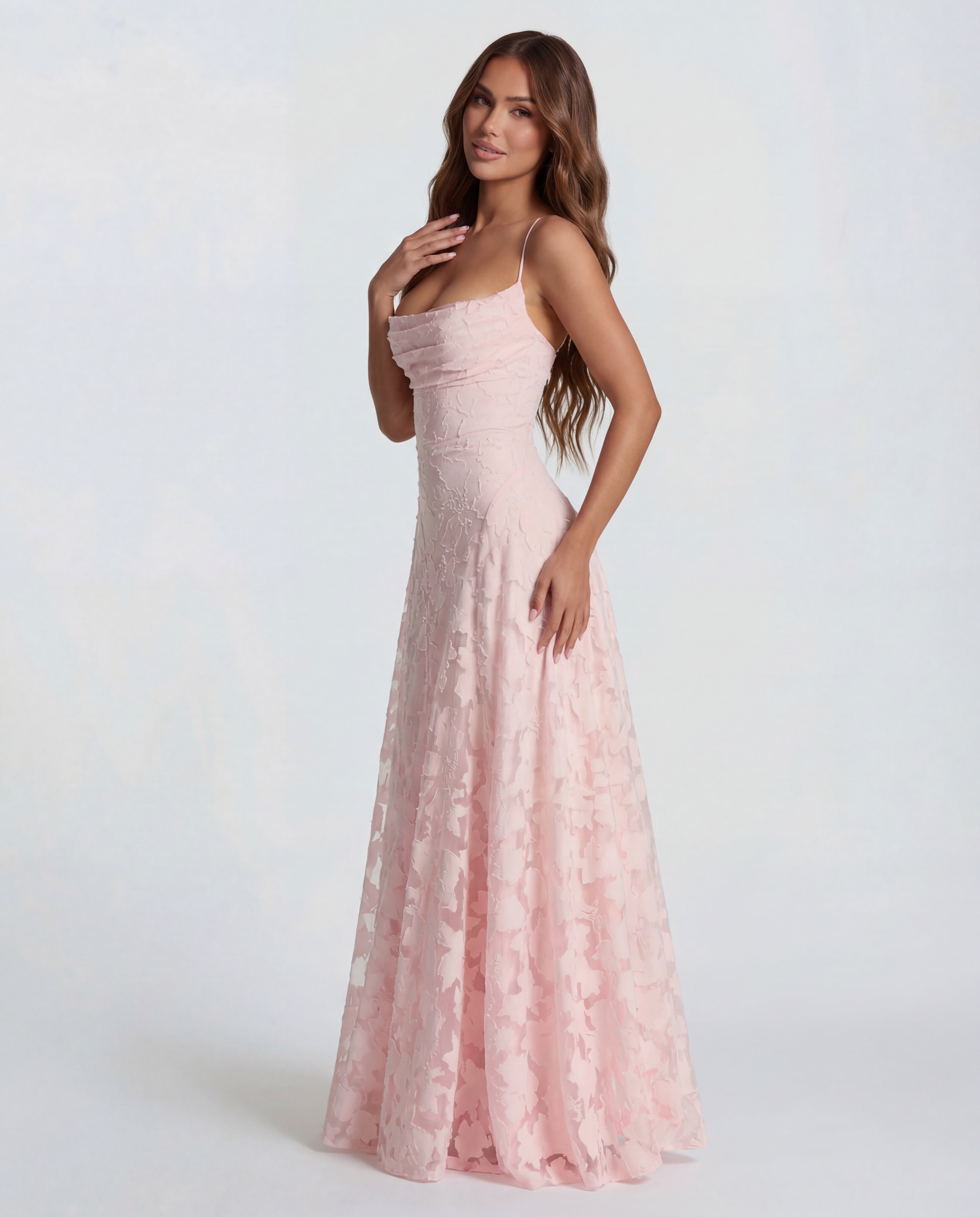 Strappy Cowl Neck Floral Textured Occasion Maxi Dress
