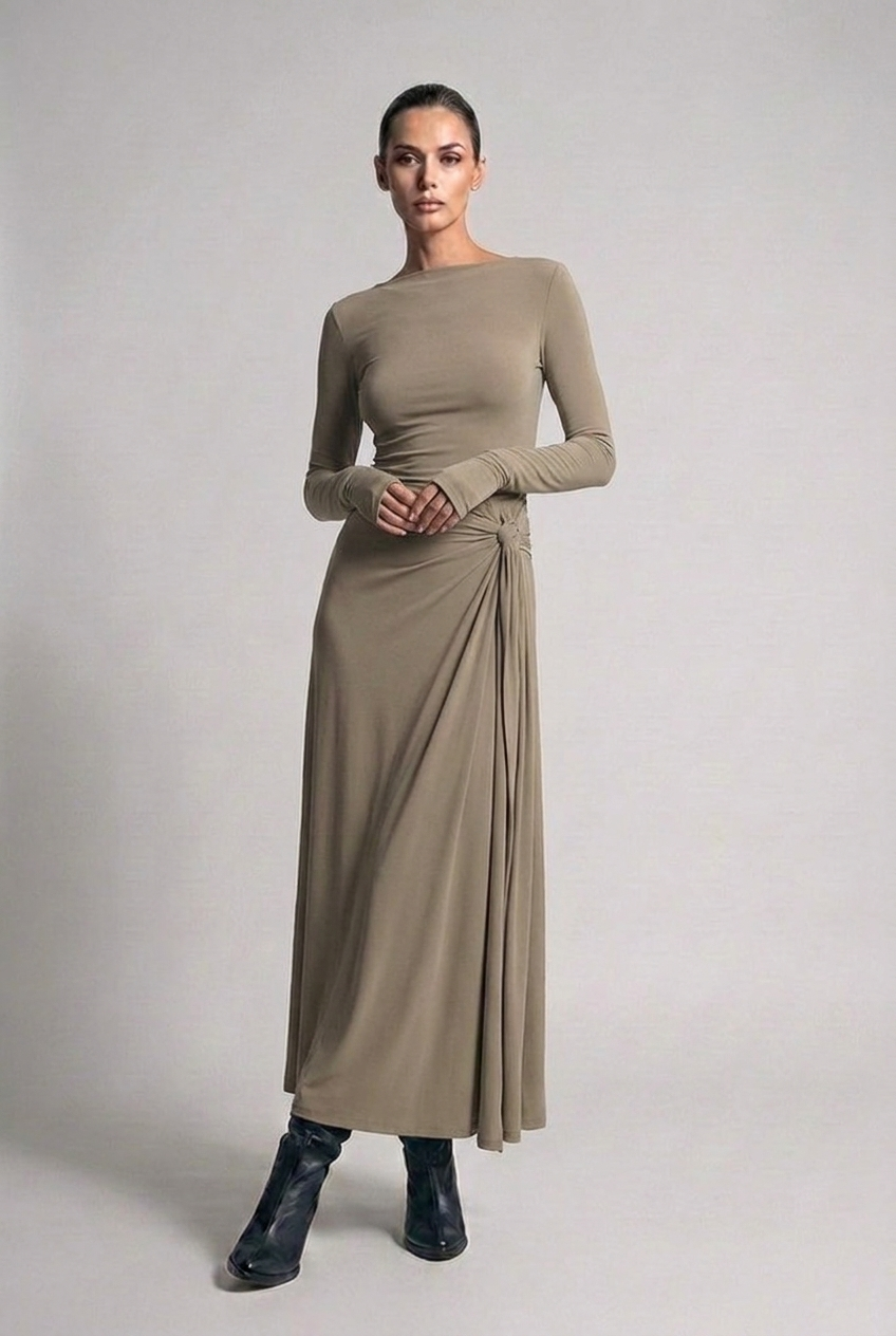 Boat Neck Long Sleeve Twist Front Maxi Occasion Dress