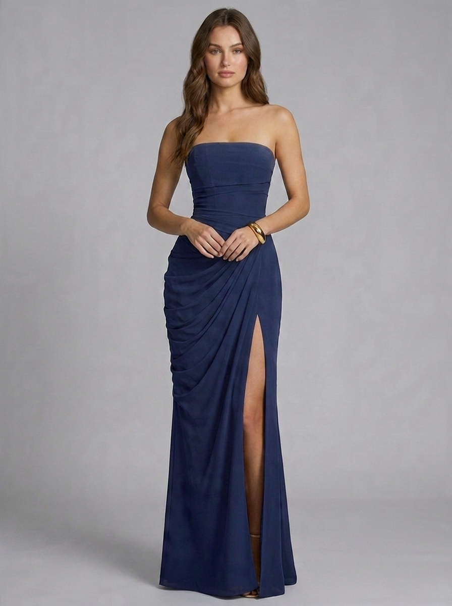 Strapless Draped High Split Graduation Dress