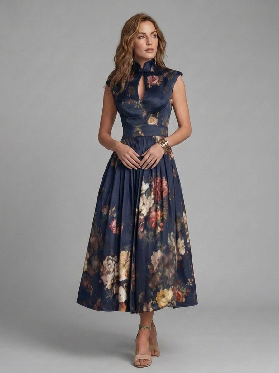 Floral High Neck Pleated Midi Wedding Guest Dress