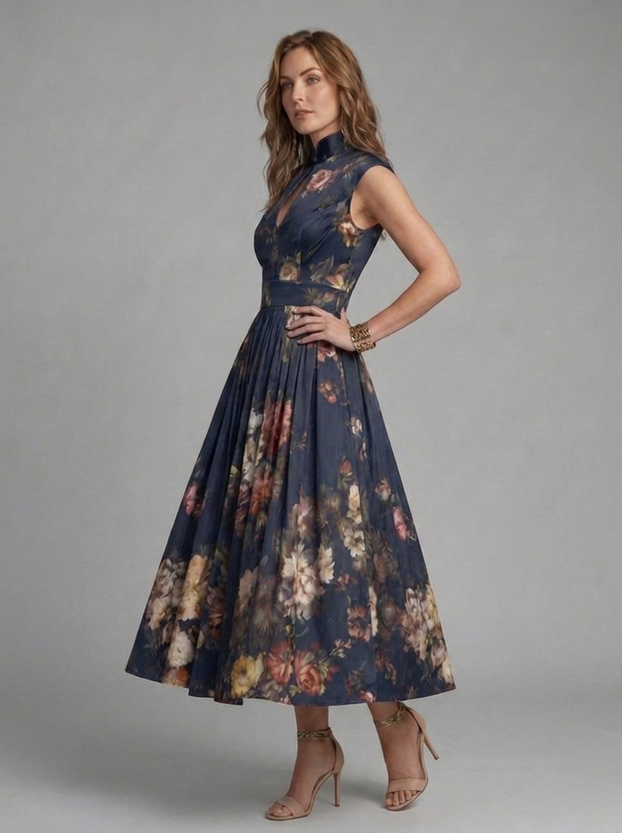 Floral High Neck Pleated Midi Wedding Guest Dress