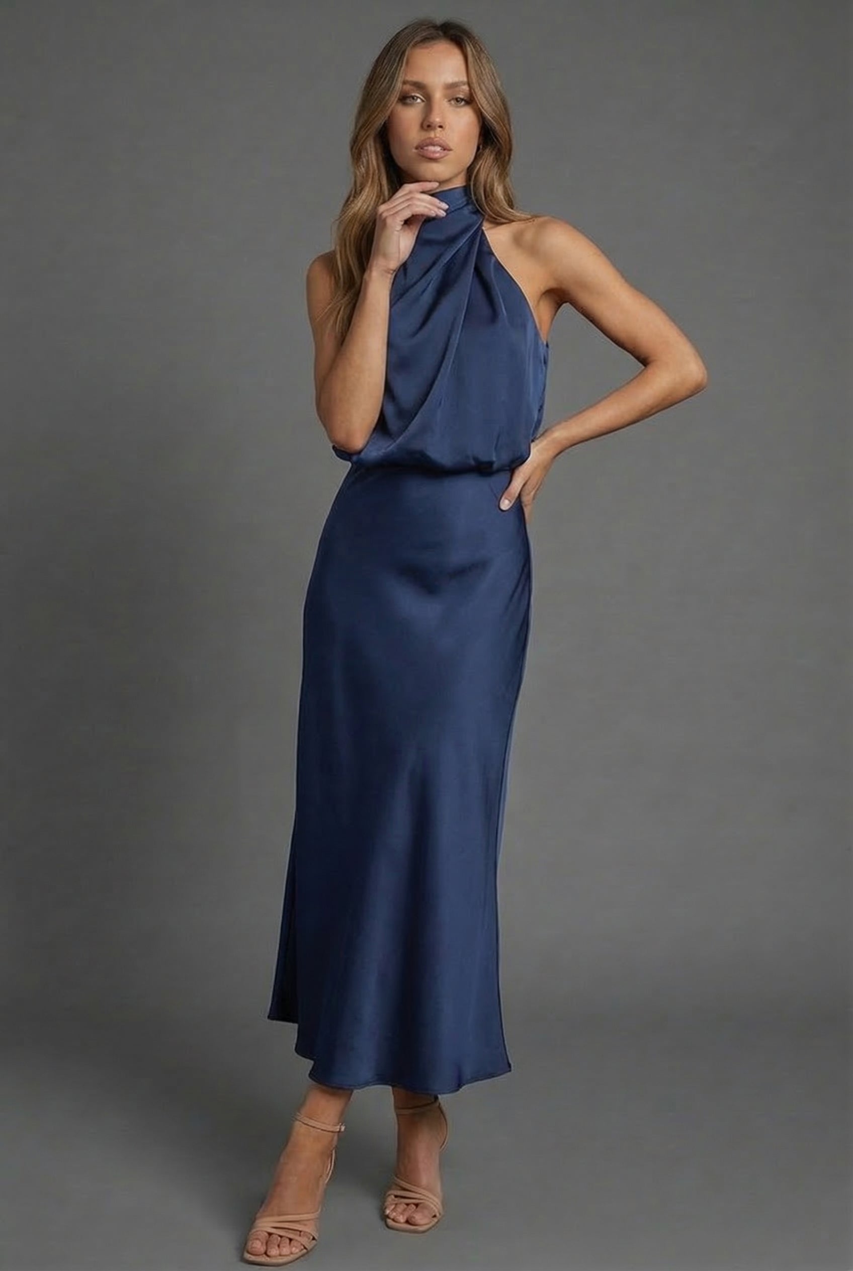 Halterneck Satin Style Wedding Guest Midi Dress
