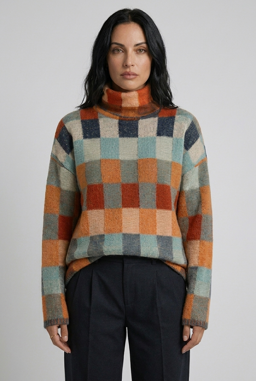 Checkered High Neck Relaxed Oversized Knit Jumper