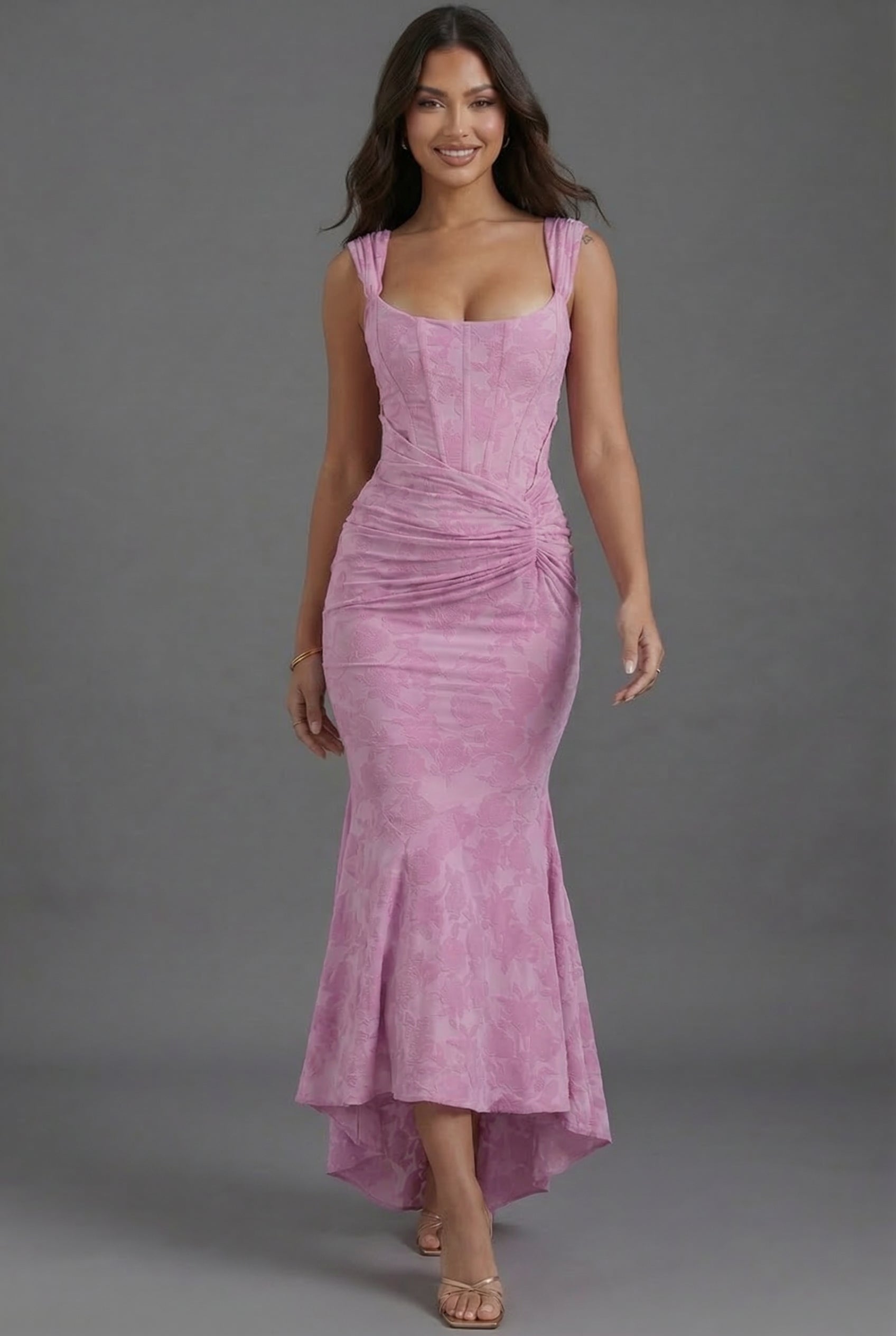 Floral Wedding Guest Corset Ruched Fishtail Dress