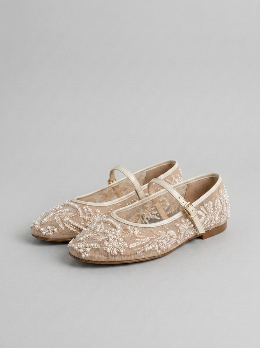 Mesh Mary Jane Embellished Lace Ballet Flats Women