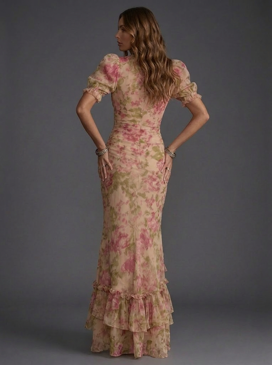 Floral High Neck Puff Sleeve Ruffle Maxi Dress