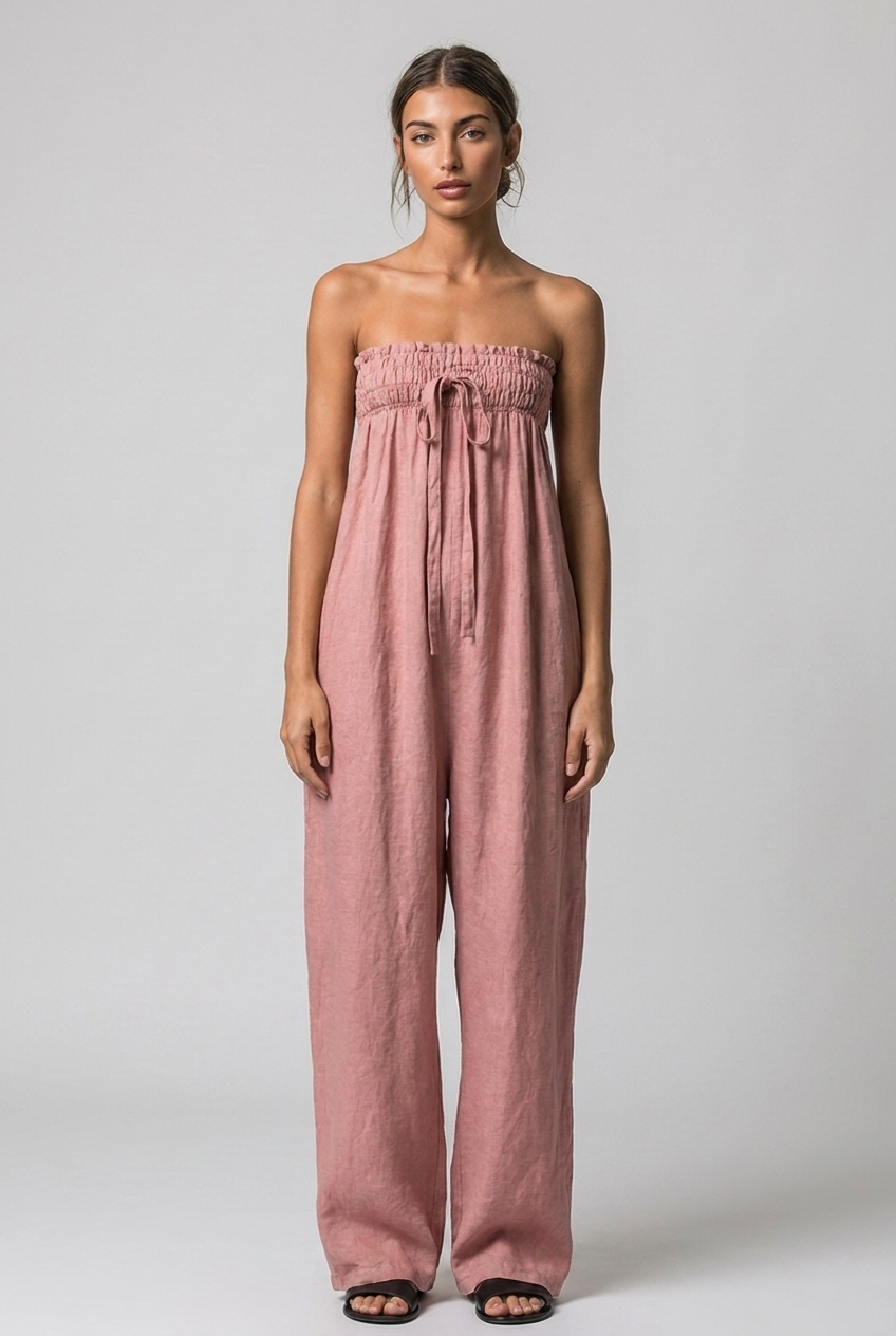 Strapless Bandeau Linen Style Wide Leg Jumpsuit Women