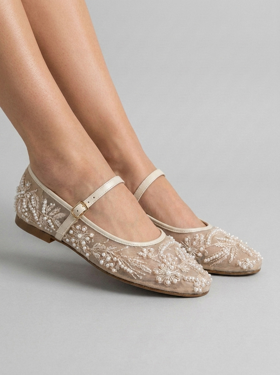 Mesh Mary Jane Embellished Lace Ballet Flats Women