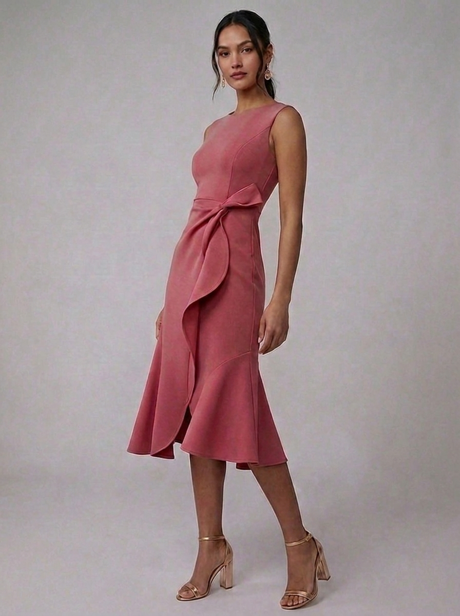 Summer Midi Occasion Dress – Sleeveless Ruffle Front Tie-Waist Holiday Wear